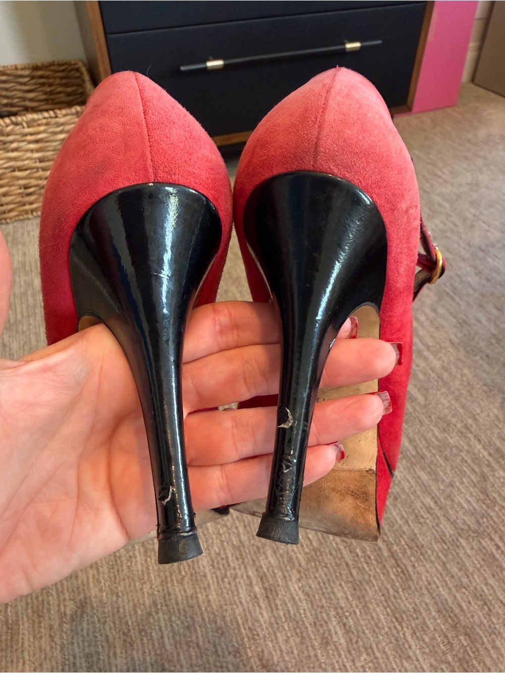 Saint Laurent Red Suede Mary Jane Peep-Toe Heels with Gold Buckle 37.5 - Picture 8 of 8